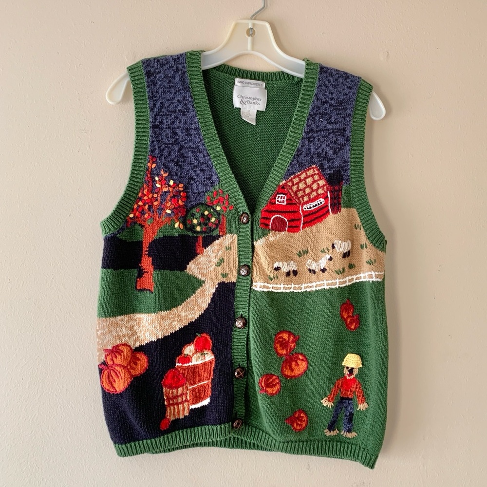 Vintage Hand Embroidered Apples Pumpkins Sheep Farm Scene Fall Sweater Vest M - Picture 11 of 11